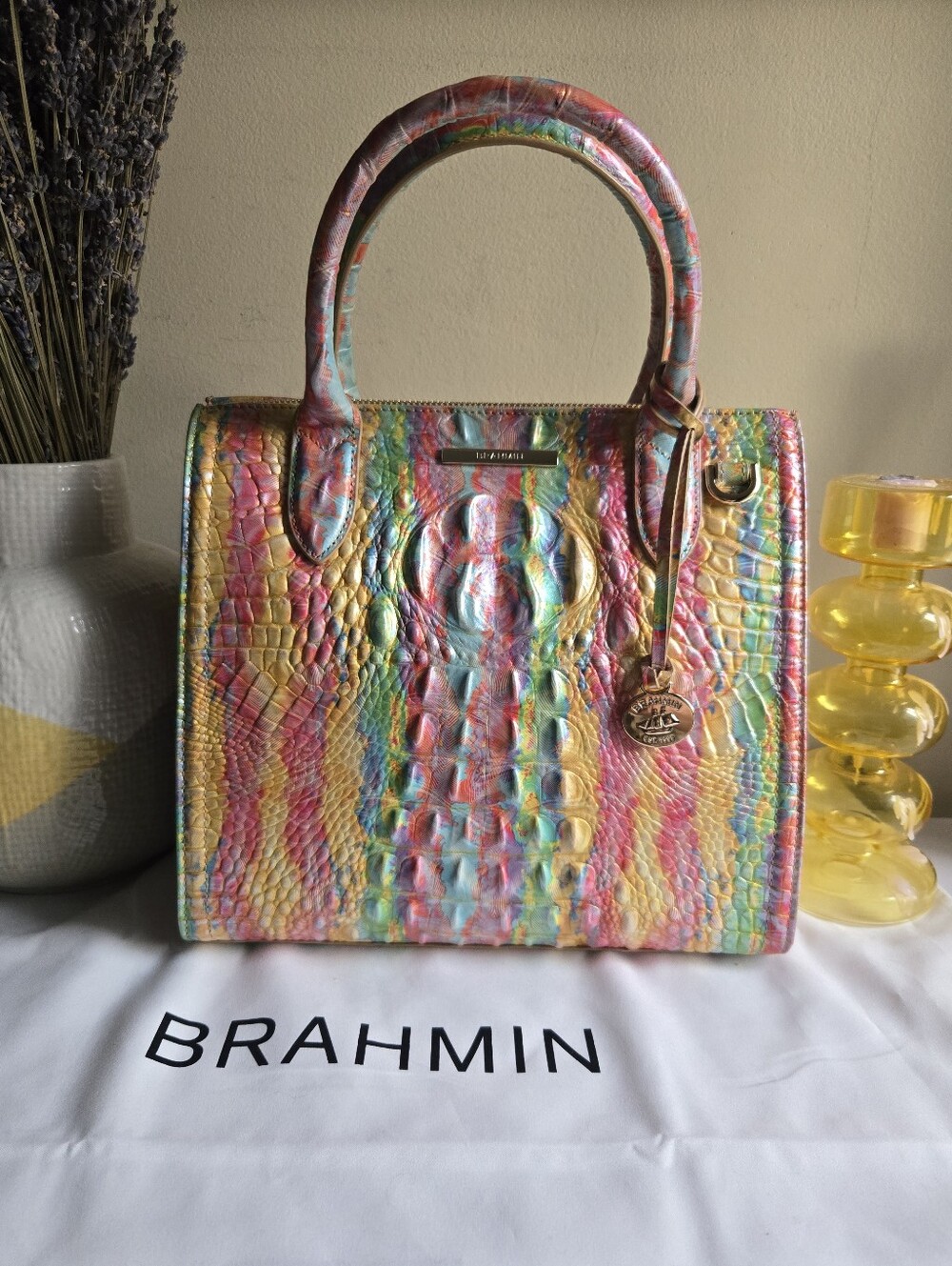 Brahmin Caroline Large Multicolor Croc Embossed Leather Satchel Bag NEW🌈 - Picture 2 of 9